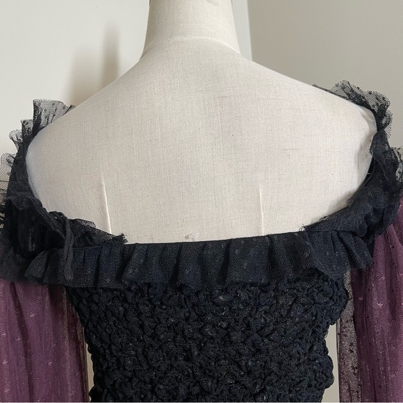 Free People Women’s Plum/Black - SZ L - Smocked Sheer Long Puff Sleeve Top - Picture 12 of 16